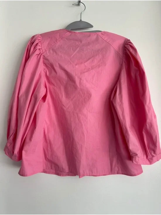 Zara Bright Pink Puff-Sleeve Button-Down Blouse - Picture 3 of 4